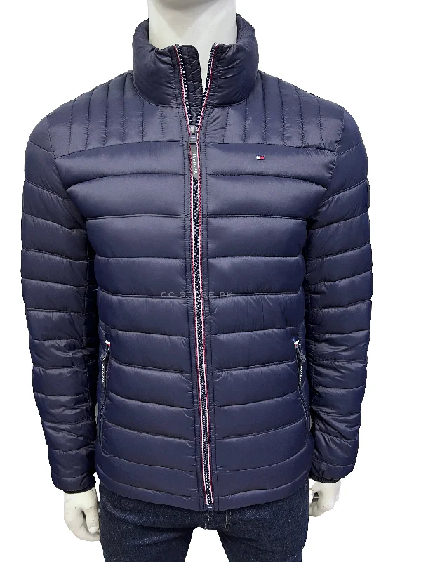 TH Packable Collar Logo Navy Blue Puffer Jacket Denim Fabric Leather Fabric Suede Fabric TH Packable Collar Logo Navy Blue Puffer Jacket Denim Fabric Leather Fabric Suede Fabric