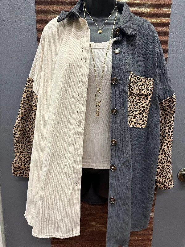 Leopard Color Block Corduroy Jacket Collared Jacket Crew Neck Jacket Turtle Neck Jacket