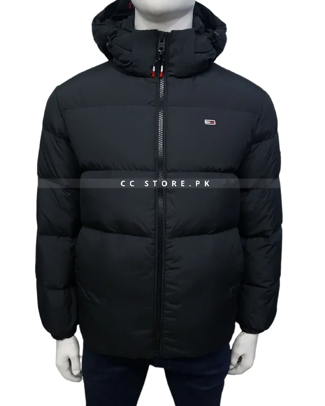 TH Black Puffer Jacket with Removable Hood Toggled Jacket Drawstring Jacket Belted Jacket