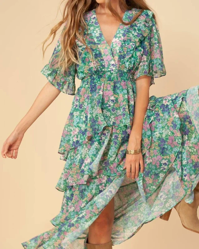 Natasha Tiered Chiffon Dress In Green