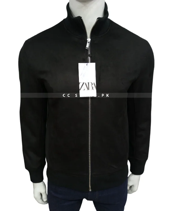 ZR Plain Suede Black Bomber Jacket (641) Zip Front Button Front Snap Front