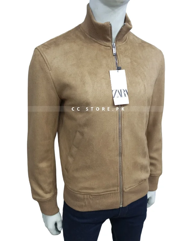 ZR Plain Suede Sand Bomber Jacket (641) Stand-Up Collar Roll-Neck Collar Turtle Neck