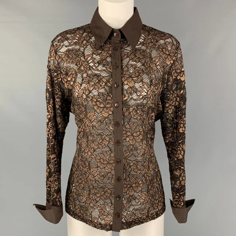 ANNE FONTAINE Brown &  Gold  Lace Button Up Size L Shirt Hooded Caped Shawl Collar