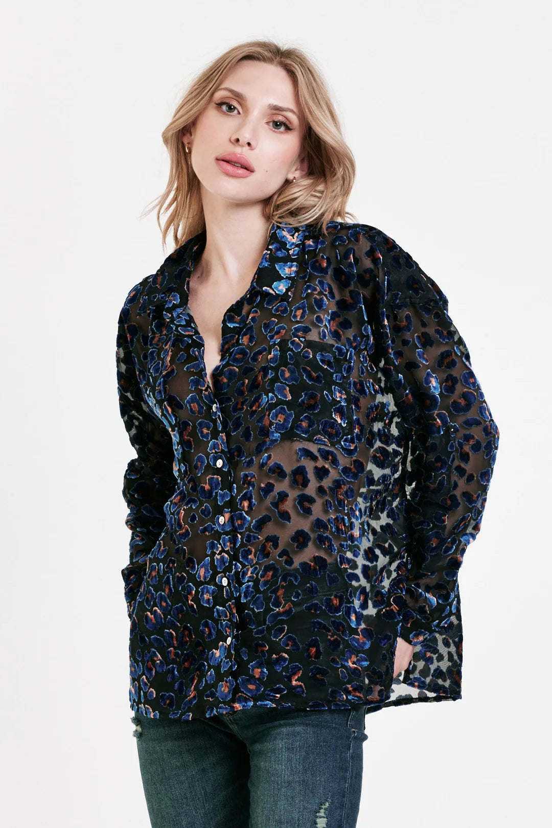 ARIANNA FRONT TIE SHIRT BLUE SPOTS Chenille Fabric Brocade Fabric Lace Fabric
