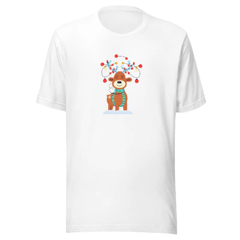 Cheerful Reindeer Christmas Graphic Women Staple Eco T-Shirt Polka Dot Checkered Tartan