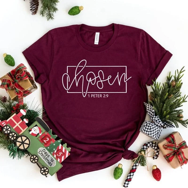 CHOSEN 1 Peter 2:9 Women's Fashion Premium Quality Christian Faith Based Burgundy Red T-Shirt Terry Blend Velvet Blend Canvas Blend