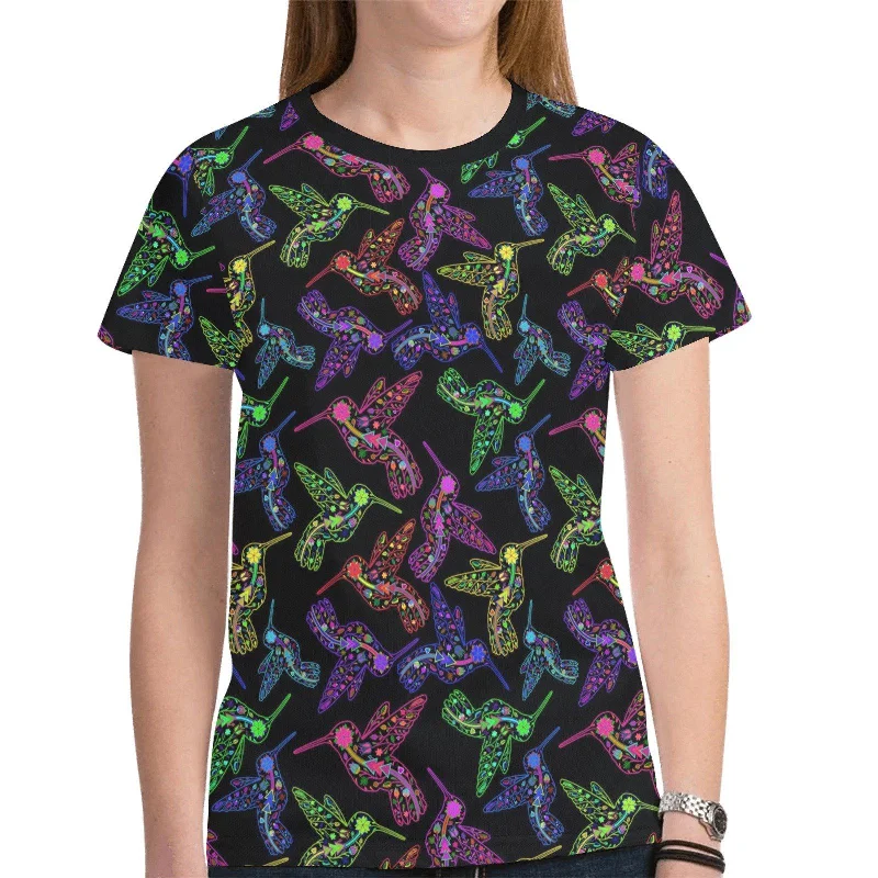 Neon Floral Hummingbirds T-shirt for Women Fleece Fabric Down Fabric Feather Fabric