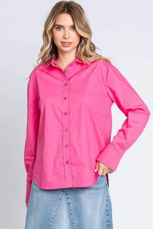 Geegee Plus Rhinestone Button Up Shirt Denim Fabric Leather Fabric Suede Fabric