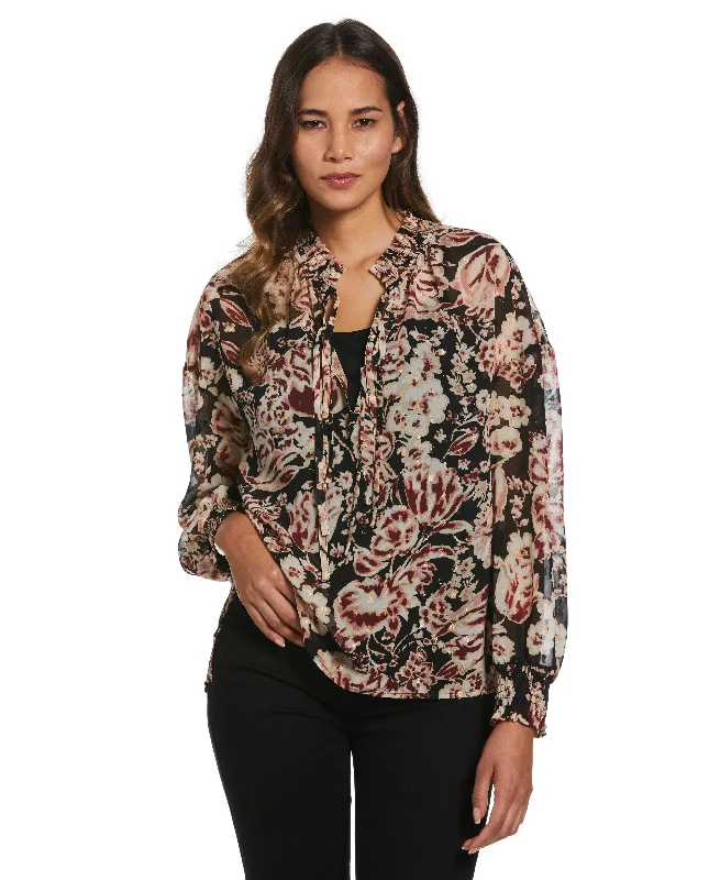 Plus Size Metallic Blooms Print Shirt Houndstooth Herringbone Solid