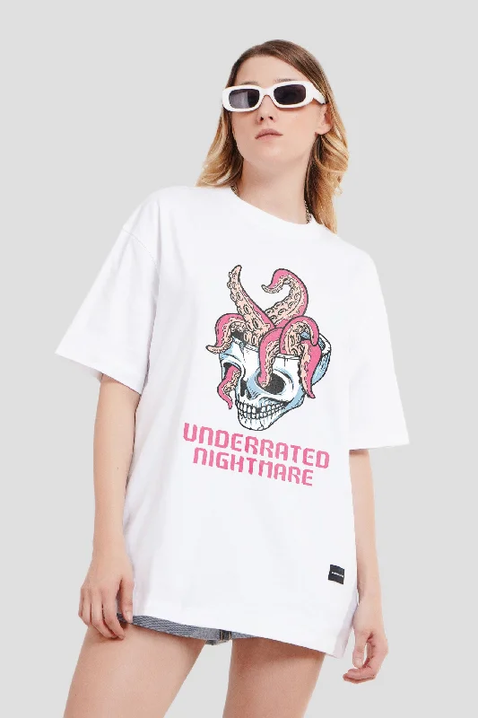 Nightmare White Printed T-Shirt Women Oversized Fit Ribbed Striped Patterned