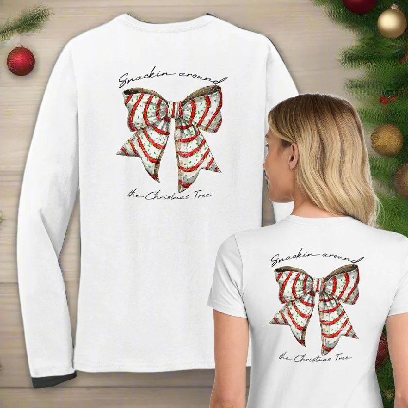 Snackin Around The Christmas Tree Bow Christmas Womens T-Shirt Polka Dot Checkered Tartan