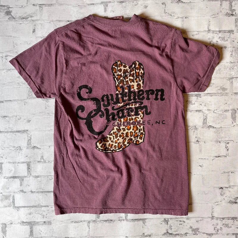 Southern Charm "Cheetah Boot" Short Sleeve T-shirt - Berry Front Pockets Side Pockets Patch Pockets