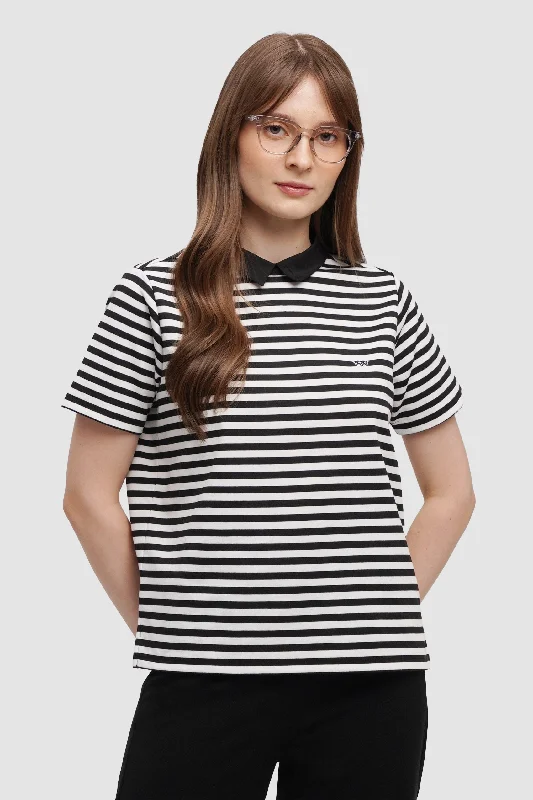 Striped Collared T-Shirt Zippered Front Buttoned Front Snap Front