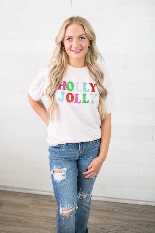 The Royal Standard Holly Jolly Glitter Crew Neck T-Shirt-Pink bht Nylon Fabric Polyester Fabric Spandex Fabric