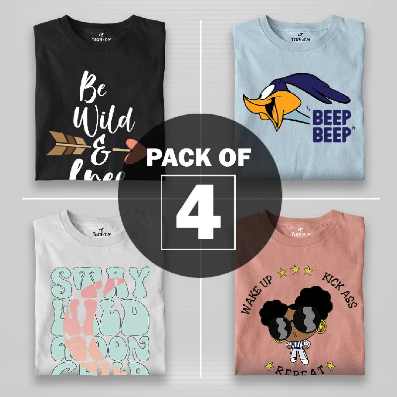 Women Graphic Half Sleeve T-Shirt Combo - Pack of 4 Front Pockets Side Pockets Patch Pockets