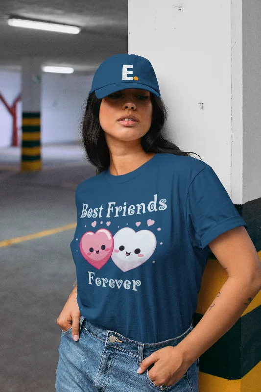 Women Round Neck Navy Blue T Shirt BFF Zippered Front Buttoned Front Snap Front