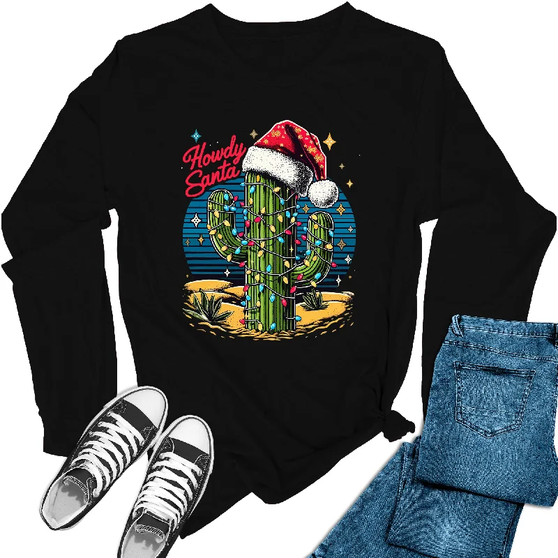Women's Howdy Santa Christmas Cactus Holiday Long Sleeve Graphic Tees Mesh Blend Leather Blend Suede Blend Women's Howdy Santa Christmas Cactus Holiday Long Sleeve Graphic Tees Mesh Blend Leather Blend Suede Blend