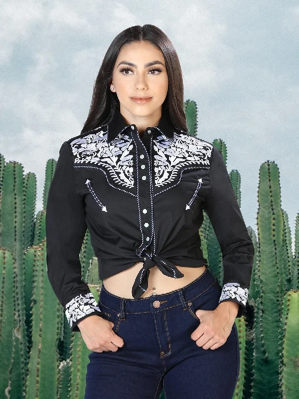 Women's Long Sleeve Western Shirt El Señor de los Cielos *Negro/Blanco-43610* V-Neck T-Shirt Long Sleeve Cotton
