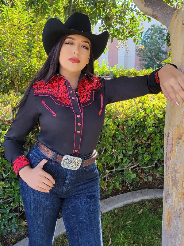 Women's Long Sleeve Western Shirt El Señor de los Cielos *Negro/Rojo-43611* Satin Blend Silk Blend Wool Blend