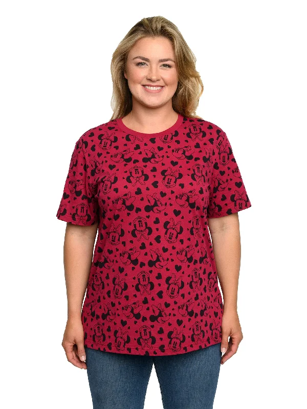 Minnie Mouse T-Shirt Hearts All-Over Print Cranberry Red Women's Plus Size Tee Graphic Embroidered Appliqued Minnie Mouse T-Shirt Hearts All-Over Print Cranberry Red Women's Plus Size Tee Graphic Embroidered Appliqued