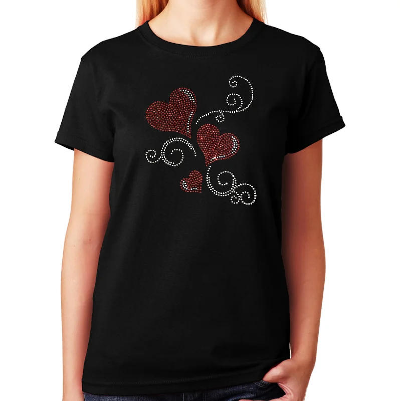 Women's / Unisex T-Shirt with 3 Red Hearts and Swirls in Rhinestones Real Fur Shearling Chenille Women's / Unisex T-Shirt with 3 Red Hearts and Swirls in Rhinestones Real Fur Shearling Chenille