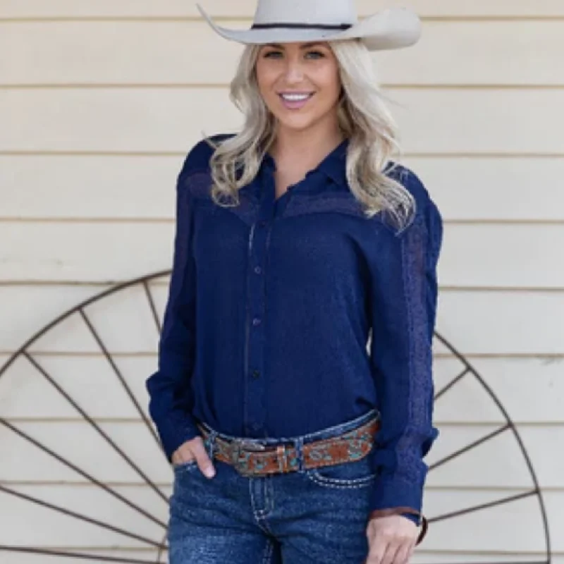 Wrangler Womens Kirby LS Shirt- NAVY Graphic T-Shirt Round Neck Polyester