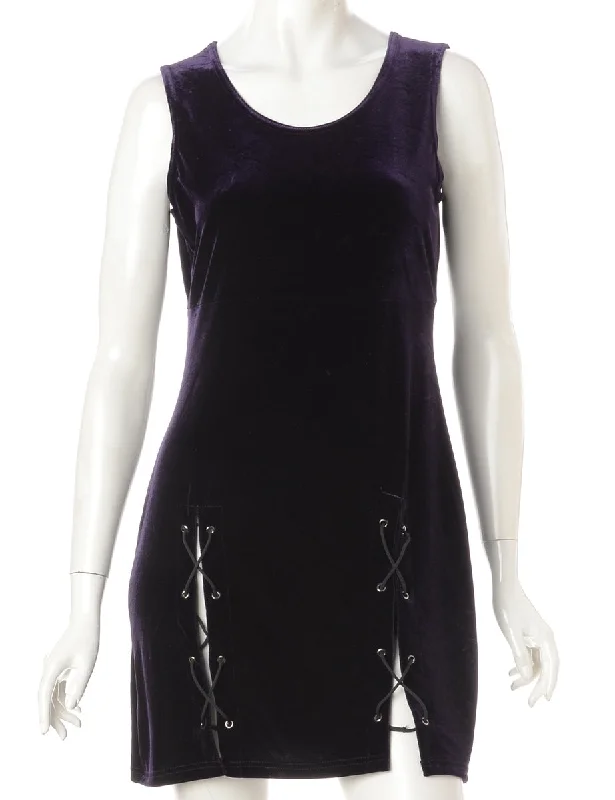 Label Lace Up Velvet Mini Dress Crew Neckline Casual
