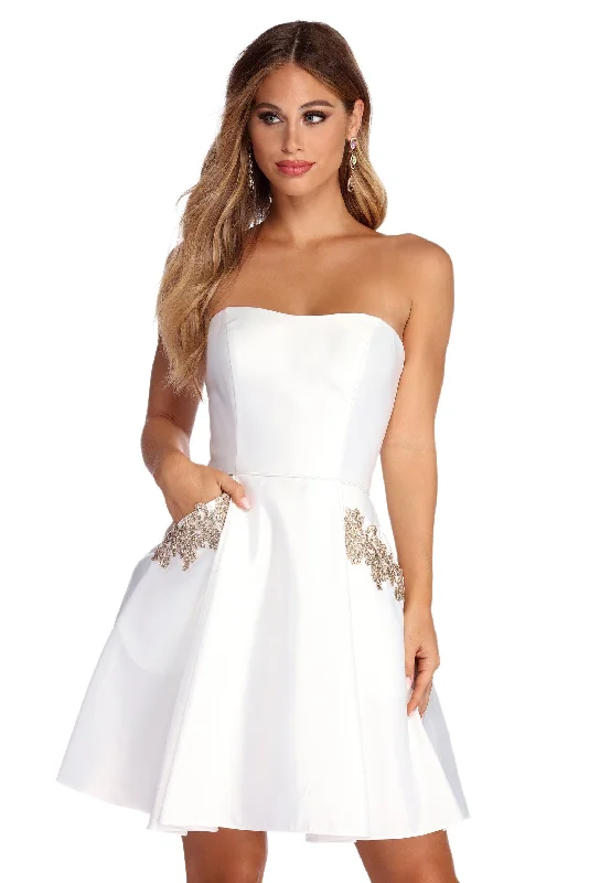 Rose Formal Satin Party Dress Crew Neckline Sporty