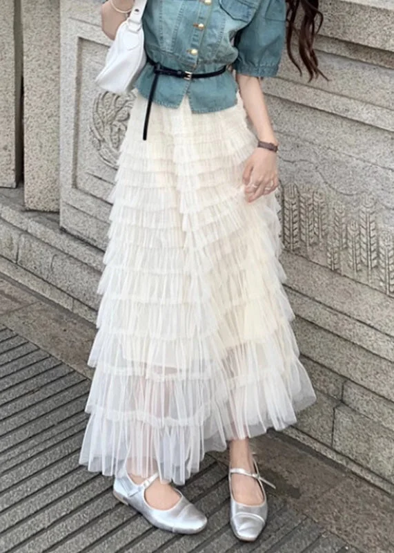 Art Beige Elastic Waist Tulle Maxi Cake Skirts Summer silk skirt lustrous