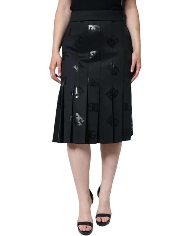 Dolce & Gabbana  Black Pleated Logo Midi Skirt silk skirt smooth
