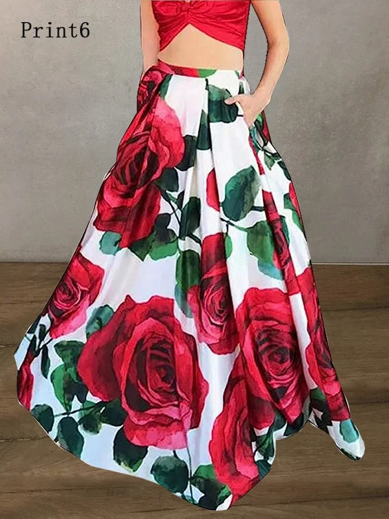 Bohemian White -Red Print High Waist Pockets Floral Print Cotton A Line Skirt Summer athletic skirt fit