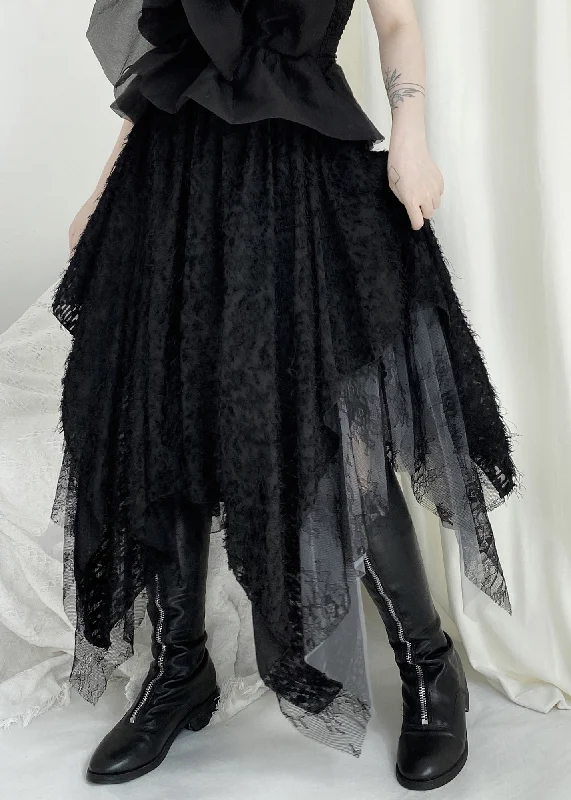 Boho Black Elastic Waist Lace Patchwork Tulle Maxi Skirt Fall velvet skirt sumptuous