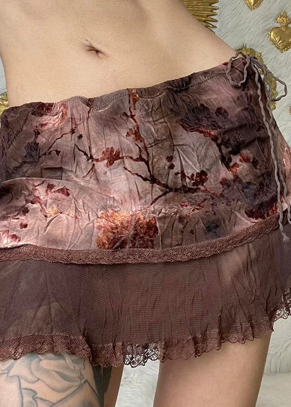 Boho Brown Tie Dye Print Drawstring Tulle Patchwork Skirt Summer denim skirt stylish Boho Brown Tie Dye Print Drawstring Tulle Patchwork Skirt Summer denim skirt stylish