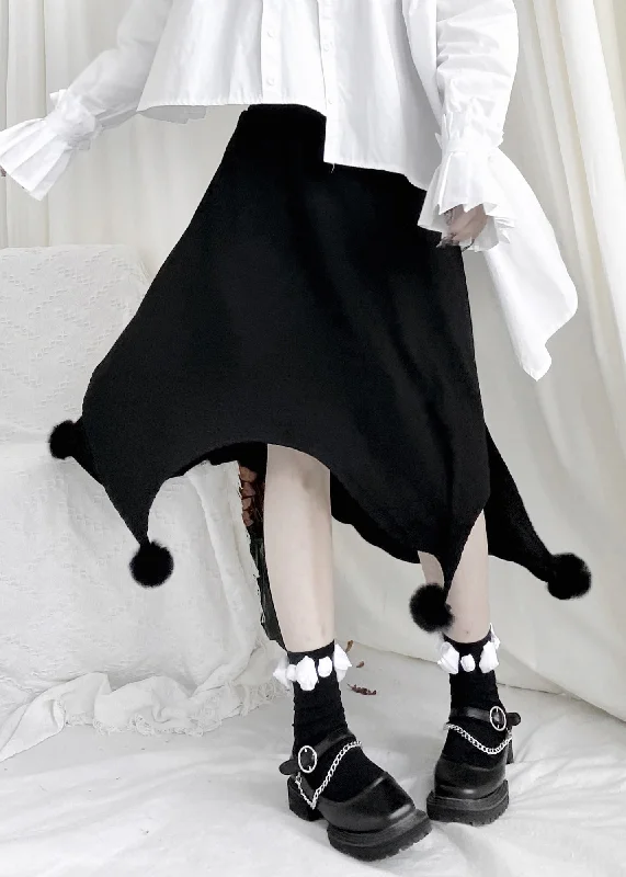Cute Black Fuzzy Ball Decorated Asymmetrical Skirts lace skirt intricate