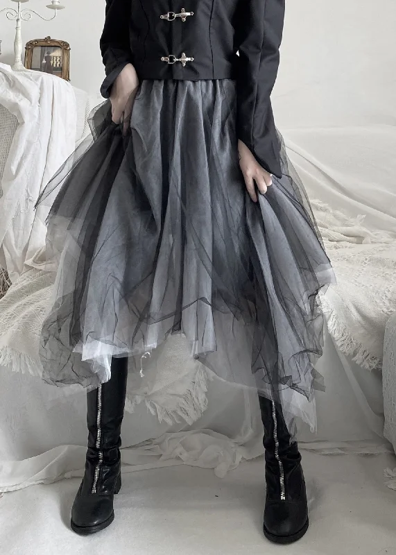DIY Black Asymmetrical Wrinkled Solid Tulle A Line Skirt Fall leather skirt sleek