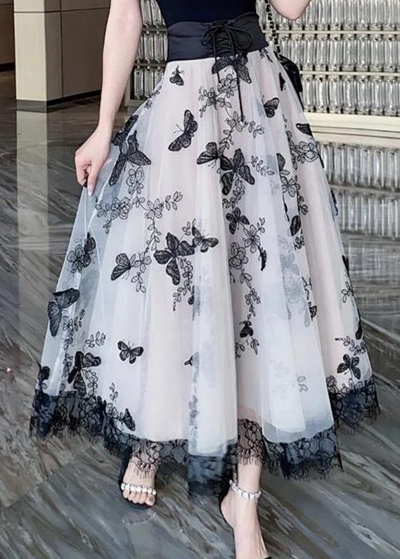 Fashion Beige Embroideried Tie Waist Tulle A Line Skirt Summer slim fit skirt