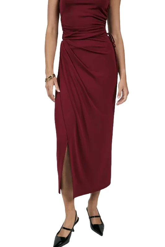 Fiery Spirit Ruched Midi Skirt In Cabernet denim skirt classic