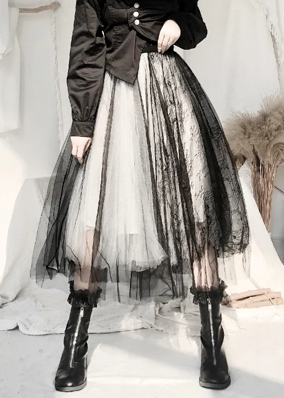 French Black Elastic Waist Lace Patchwork Tulle Skirt Fall wool skirt sturdy