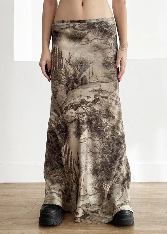 French Khaki Print Elastic Waist Patchwork Cotton Maxi Skirts Fall high slit skirt