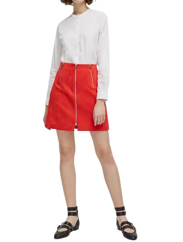 Glass Stretch Mini Skirt With Zippers In Red linen skirt natural
