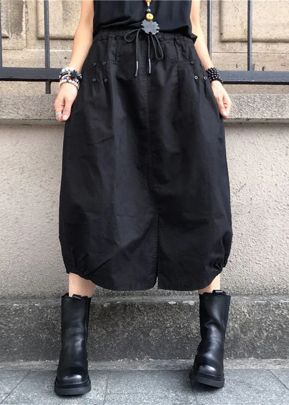 Loose Black Drawstring Patchwork Elastic Waist Lantern Skirts relaxed fit skirt