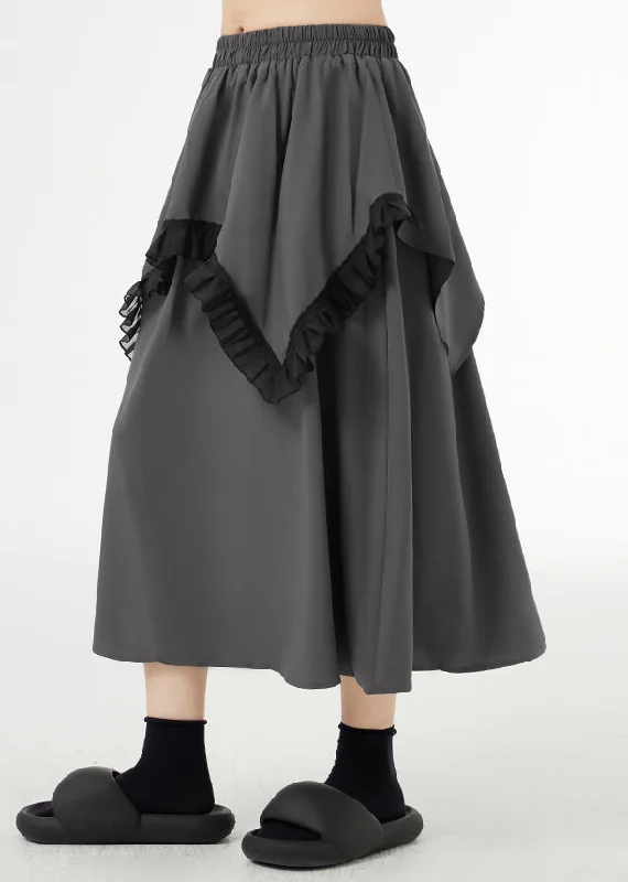 Loose Grey Ruffled Elastic Waist Patchwork Cotton Skirt Fall cashmere skirt fine