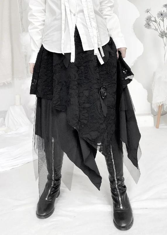 Novelty Black Asymmetrical Floral Hole Tulle A Line Skirt Fall relaxed fit skirt