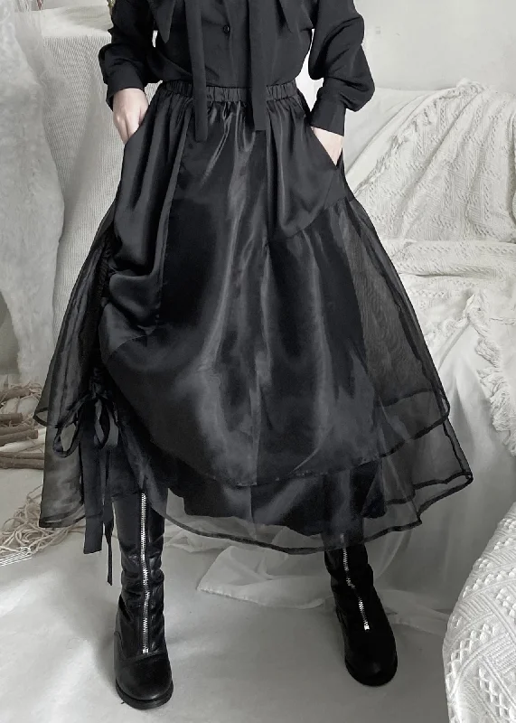 Organic Black Elastic Waist Layered Organza Maxi Skirt zip skirt side