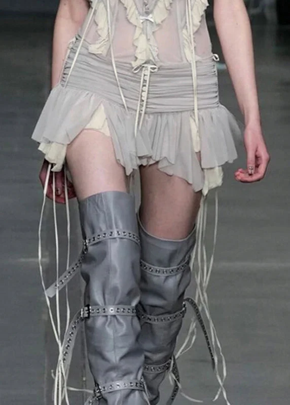 Simple Grey Tasseled Wrinkled Patchwork Tulle Skirt Summer cashmere skirt fine