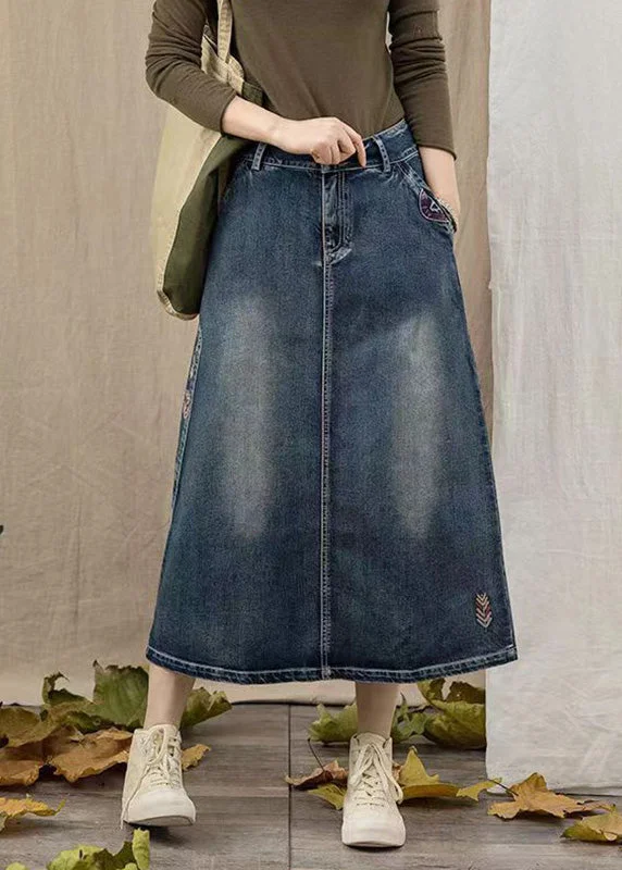 Simple Navy Embroideried Patchwork Maxi Skirts Summer linen skirt natural