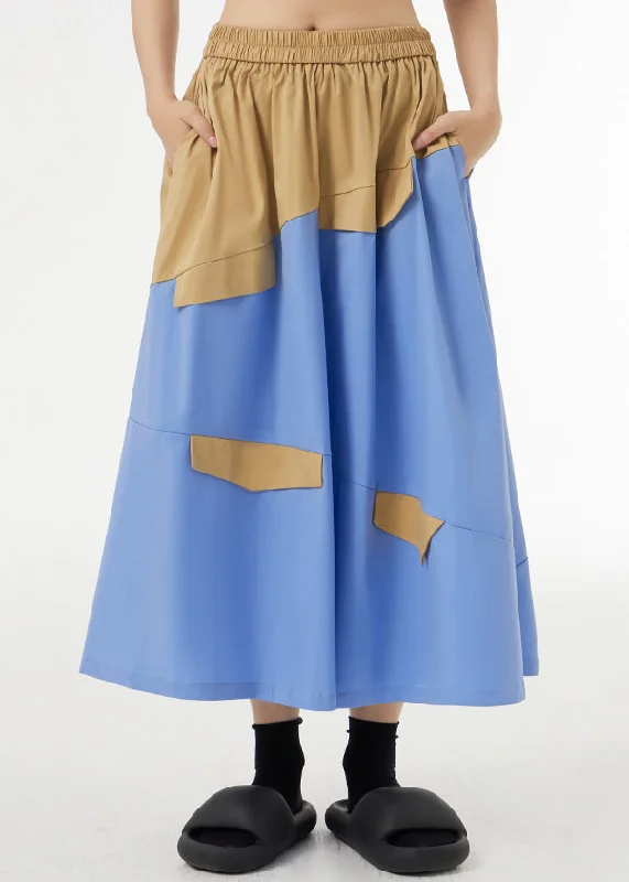 Sky Blue Pockets Elastic Waist Patchwork Cotton Maxi Skirts Wrinkled wool skirt thick Sky Blue Pockets Elastic Waist Patchwork Cotton Maxi Skirts Wrinkled wool skirt thick