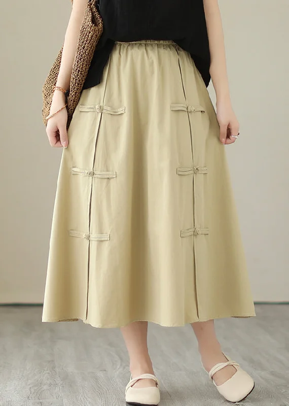 Style Khaki Chinese Button Cotton A Line Skirt Summer midi skirt versatile