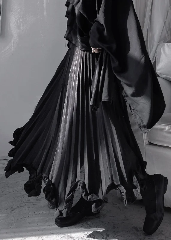 Stylish Black Ruffled Patchwork A Line Skirt Fall denim skirt stylish