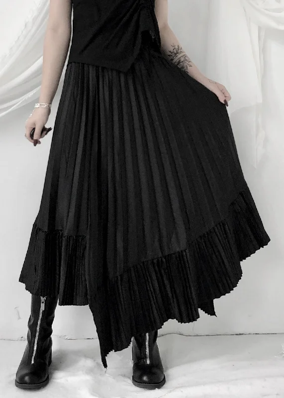 Unique Black Asymmetrical Silk Pleated Skirt Summer tiered skirt playful
